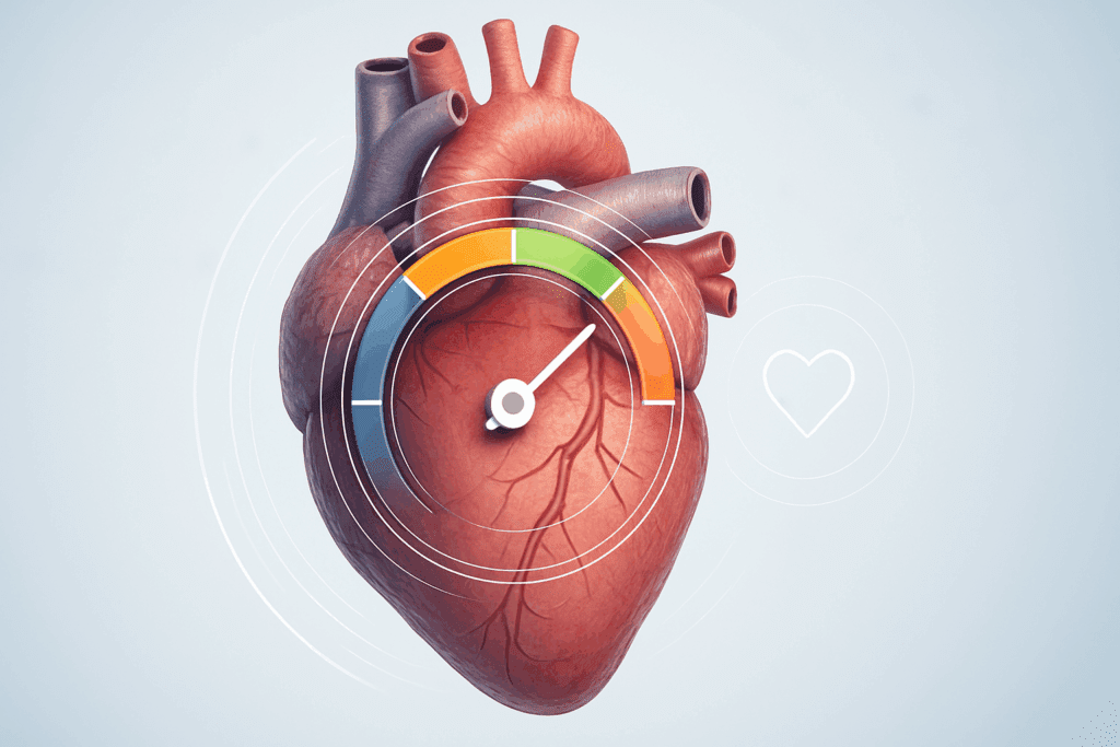 Realistic anatomical heart with digital gauge showing heart rate range, illustrating how to lower resting heart rate.
