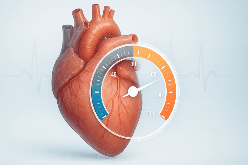 Digital illustration of a human heart with a biometric gauge displaying heart rate levels, representing how to lower resting heart rate.