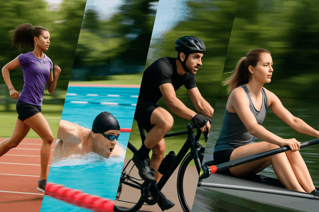 Diverse athletes running, swimming, cycling, and rowing outdoors to illustrate how to lower resting heart rate through endurance training.