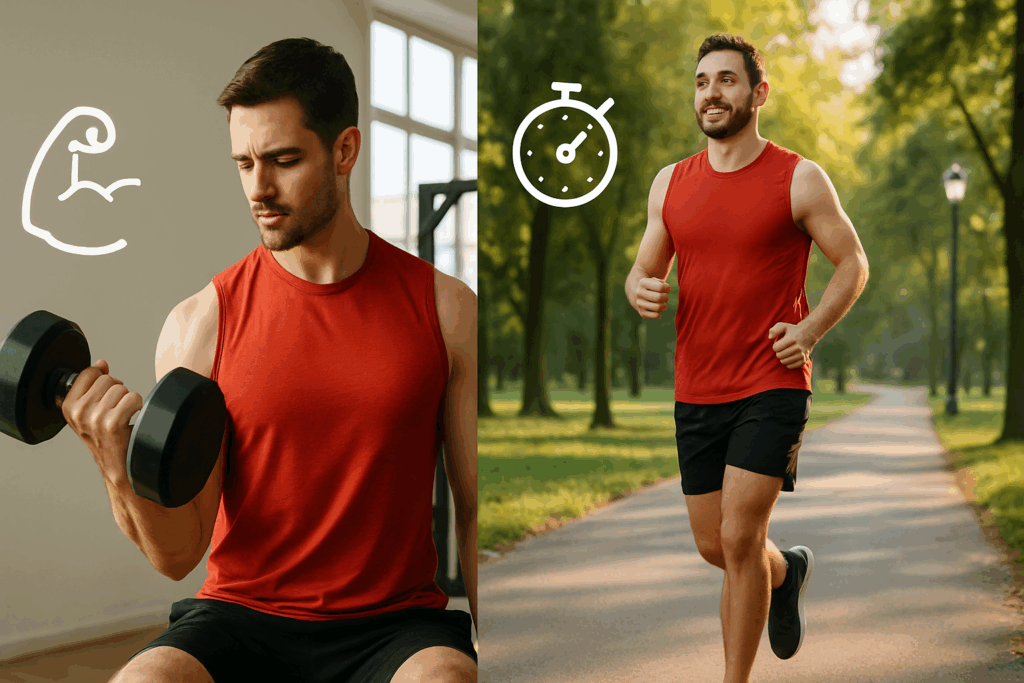 Split-screen showing strength training and cardio exercises, illustrating how to lower resting heart rate through fitness.