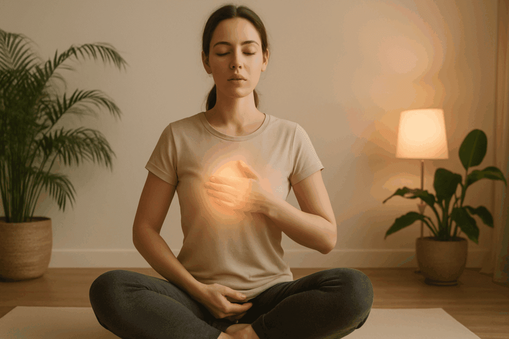 Woman meditating in a peaceful room with soft lighting and plants, demonstrating how to lower resting heart rate through deep breathing.