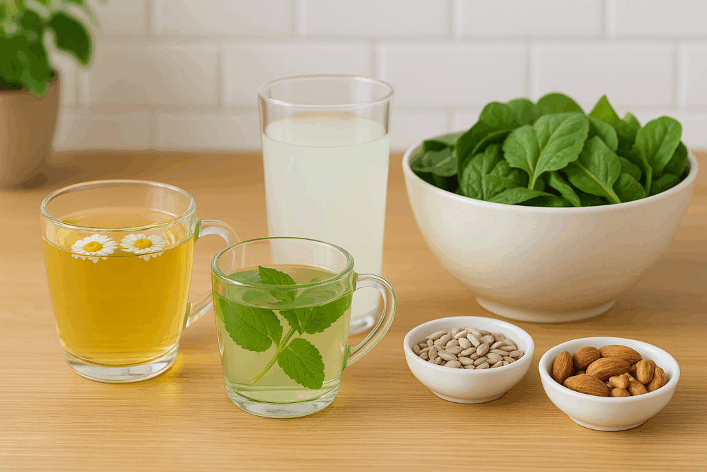 Wholesome kitchen counter with chamomile tea, lemon balm tea, coconut water, leafy greens, seeds, and nuts—foods that show how to lower resting heart rate.