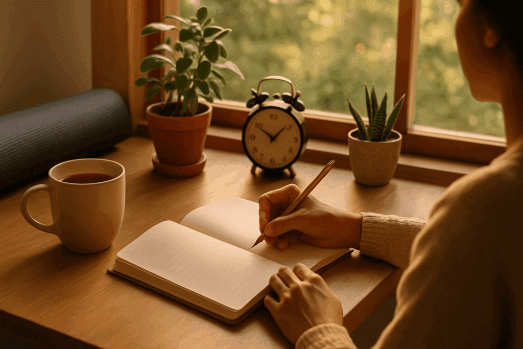 Morning journaling at a wooden desk with tea and plants, promoting mindful habits for how to lower resting heart rate