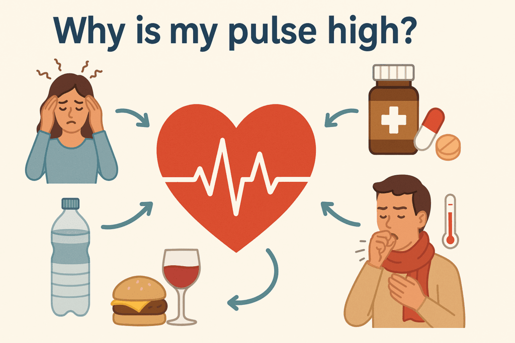 Medical-style infographic illustrating causes of high pulse—stress, illness, dehydration, medication, and lifestyle—central to how to lower resting heart rate