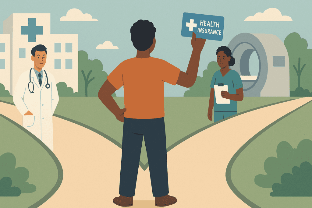 Person at a crossroads holding a health insurance card, choosing between high medical costs and preventive care, symbolizing why medical insurance is important