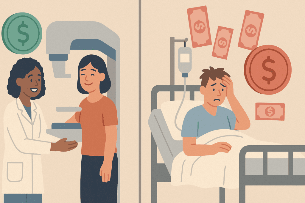 Cost comparison illustration showing early cancer screening with minimal expense and a happy patient versus late-stage hospital treatment with high bills and distress, visualizing why medical insurance is important.