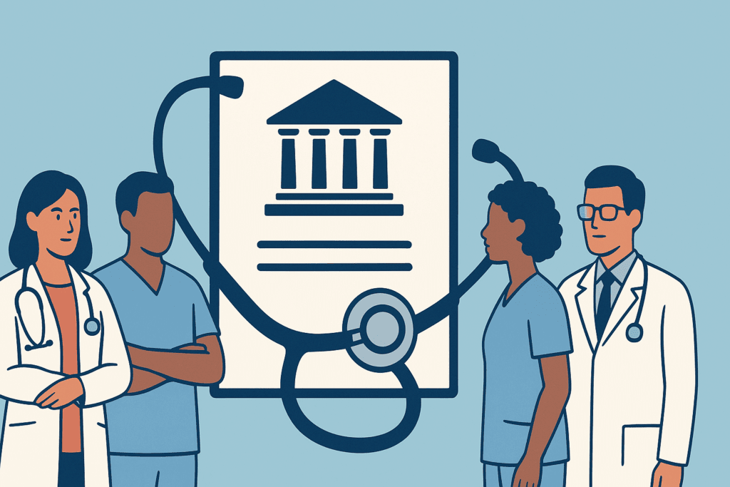 Courthouse symbol on a healthcare policy document surrounded by diverse doctors, illustrating why medical insurance is important through legislative support.