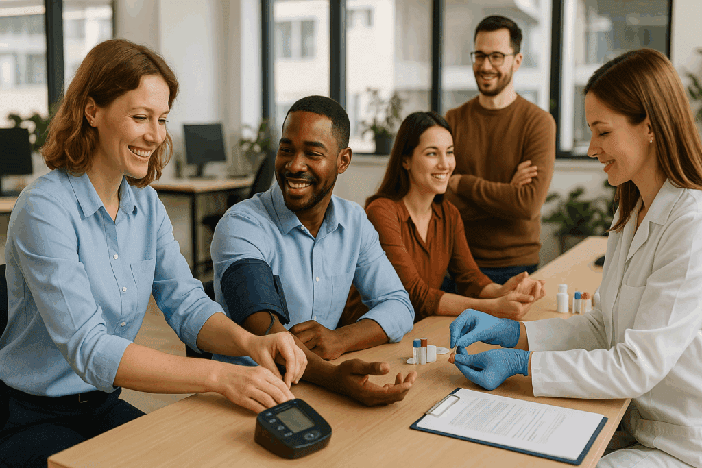 Employees participating in workplace biometric screenings during a wellness program, illustrating why medical insurance is important for preventive care.