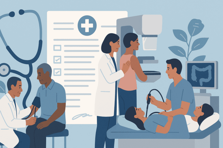 Doctors performing blood pressure, mammogram, and colonoscopy screenings to illustrate why medical insurance is important for preventive care access.