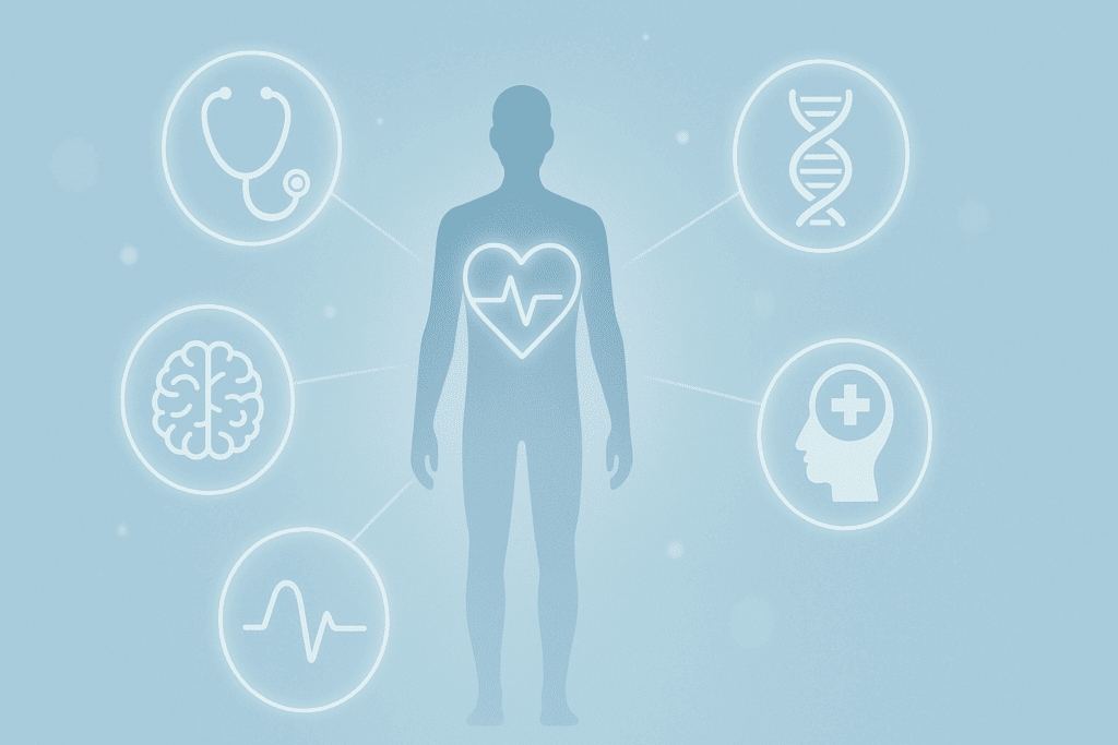Conceptual illustration answering what is a wellness screening, with a human figure surrounded by digital health icons on a soft blue background