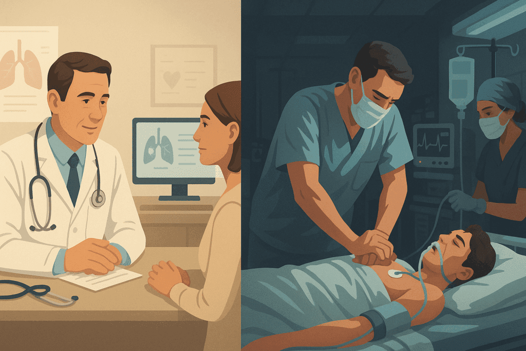Split scene showing what is a wellness screening with early doctor consultation versus late-stage emergency care in a hospital setting.