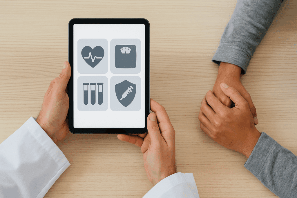 Doctor holding a tablet showing heart, BMI, lab test, and vaccine icons during a patient consultation, illustrating what is a wellness screening.
