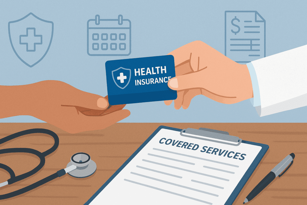 Two hands exchange a health insurance card over a doctor’s desk with documents and icons symbolizing what is a wellness screening and covered services.