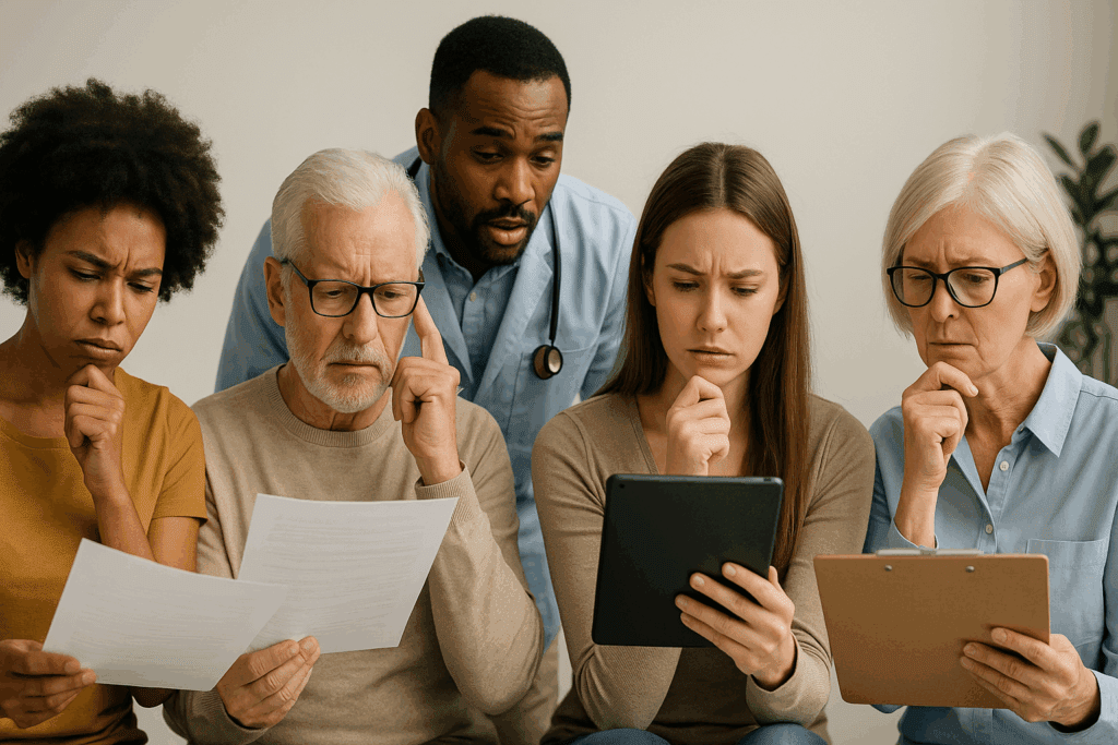 Diverse group of adults reviewing medical documents with a doctor explaining what is a wellness screening.