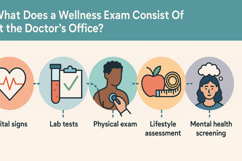 Infographic showing what is a wellness screening with icons for vital signs, lab tests, physical exam, lifestyle habits, and mental health check