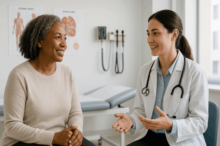 Doctor and middle-aged patient discussing health results during a routine checkup, illustrating what is a wellness screening in a modern clinic.