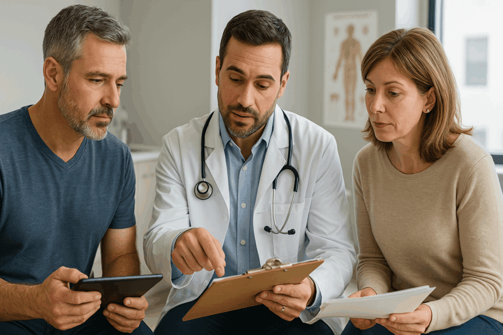 Middle-aged couple discussing preventive health with doctor during checkup, illustrating how often should you get a physical in your 40s