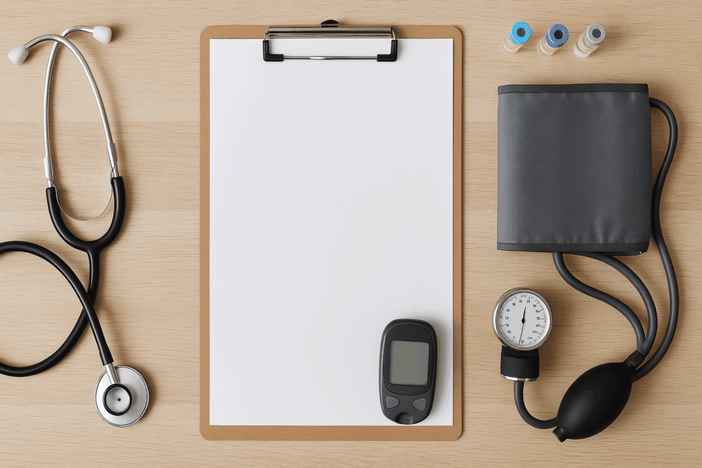 Medical tools arranged on a wooden desk for a patient checkup, supporting guidance on how often should you get a physical in your 40s.