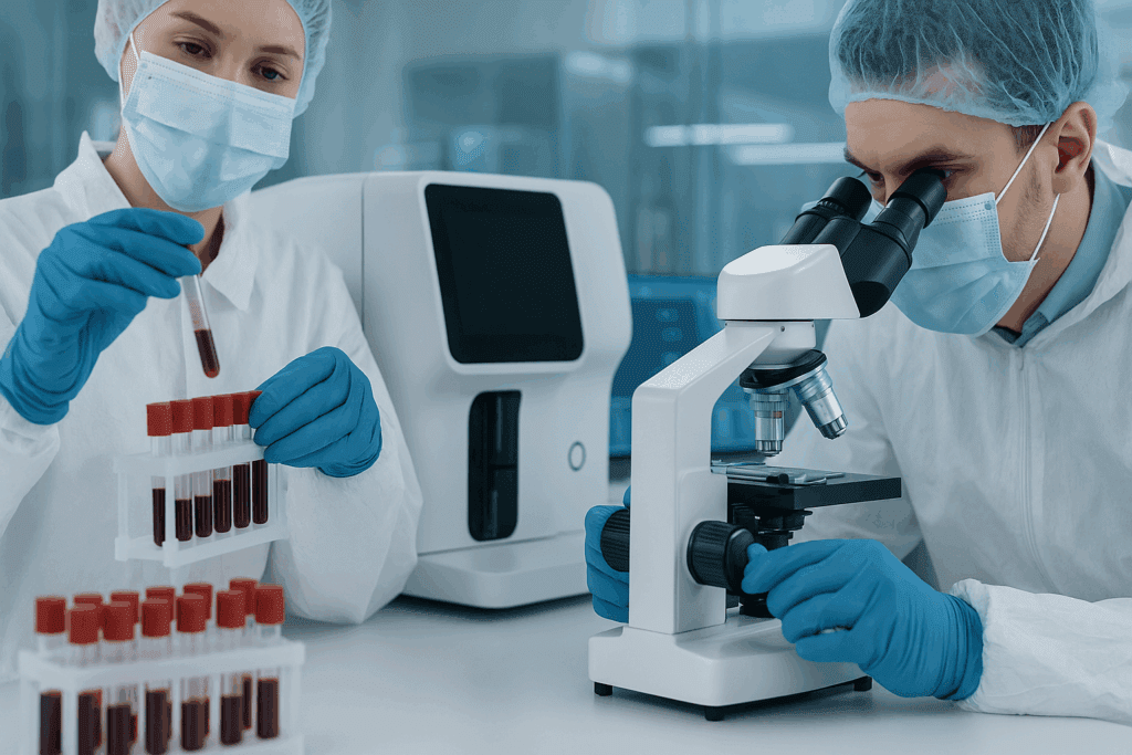 Lab professionals analyzing blood samples under a microscope and digital analyzer—key for understanding how often should you get a physical in your 40s