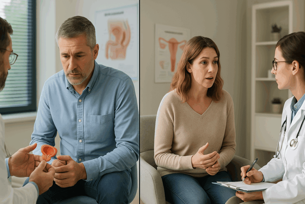 Split-screen medical consultation showing a man discussing prostate health and a woman talking about perimenopause, illustrating how often should you get a physical in your 40s.