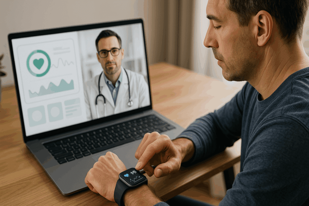 Man in his 40s checking smartwatch health stats at a desk during virtual doctor visit, illustrating how often should you get a physical in your 40s.