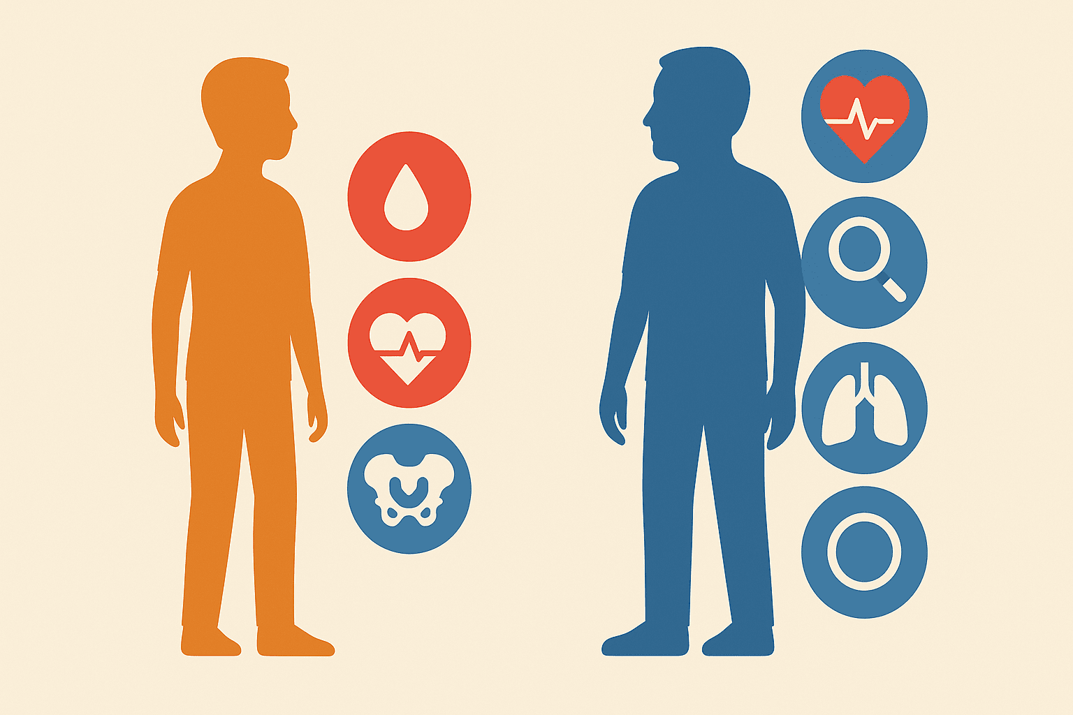 Silhouettes of adults in their 30s and 40s with medical icons showing increasing health screenings to illustrate how often should you get a physical in your 40s