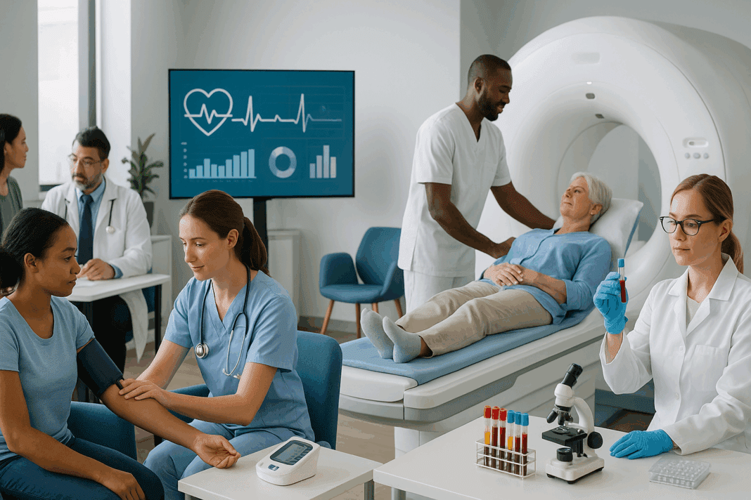 Diverse patients receiving various types of screening tests in a modern medical clinic with digital health tools and diagnostic equipment.