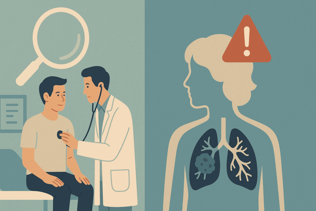 Split-screen illustration comparing outcomes of different types of screening tests: early check-up with doctor vs. advanced disease warning