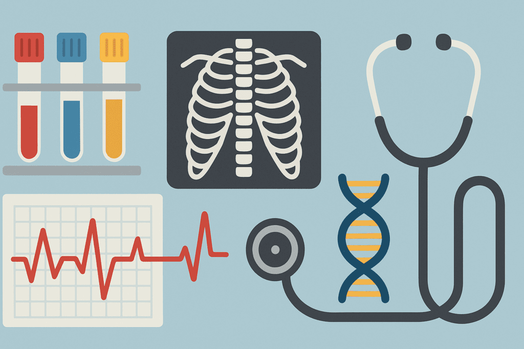 Flat-lay illustration of medical tools representing different types of screening tests, including test tubes, X-ray, ECG, stethoscope, and DNA helix