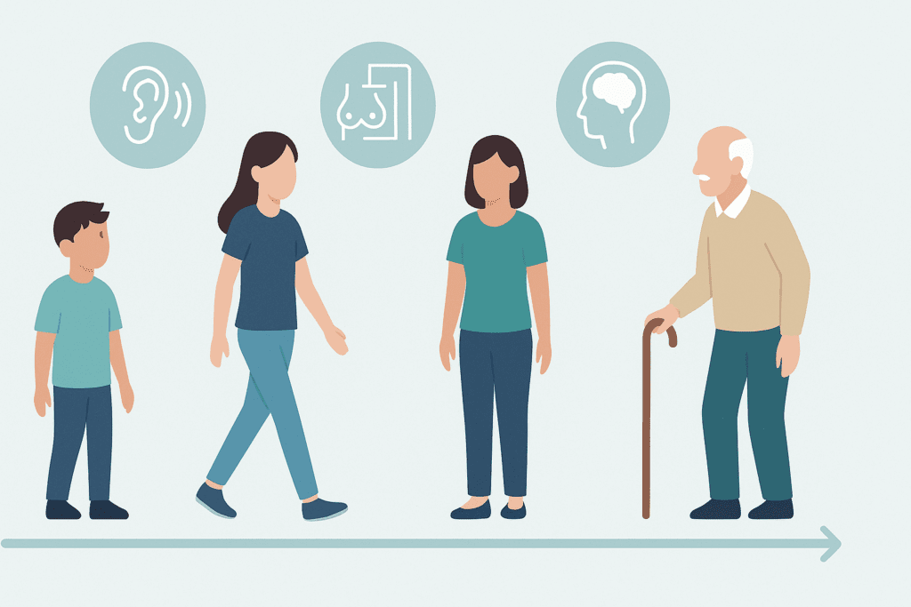 Timeline illustration showing life stages from child to elderly with icons representing types of screening tests like hearing, mammogram, and cognitive checks