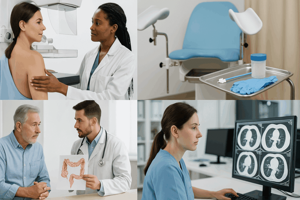 Collage showing different types of screening tests, including a mammogram, Pap smear setup, colonoscopy consultation, and lung CT scan review.