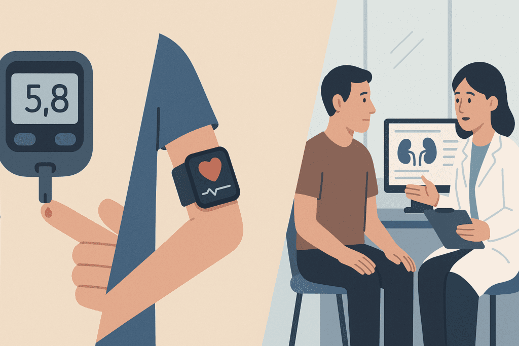 Glucose meter, smartwatch showing heart rate, and doctor reviewing kidney test results with patient—illustrating types of screening tests for chronic conditions.