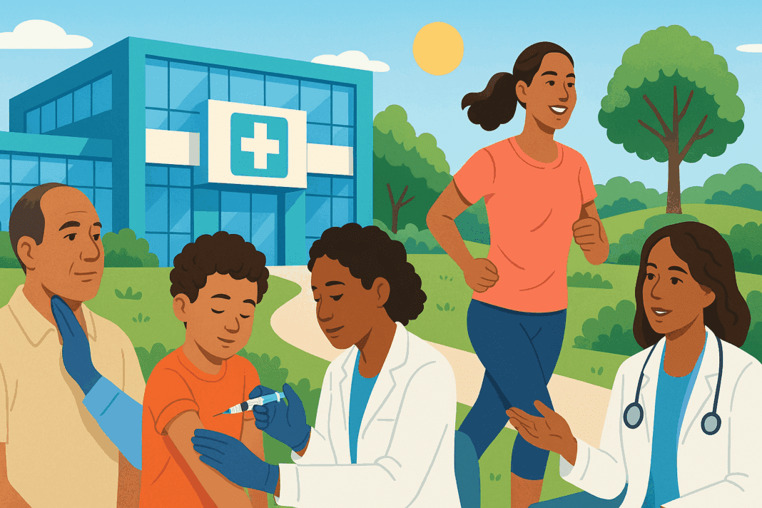 Diverse people engaging in preventive care—screening, vaccination, exercise, and medical counseling—illustrating the health benefits of preventive medicine