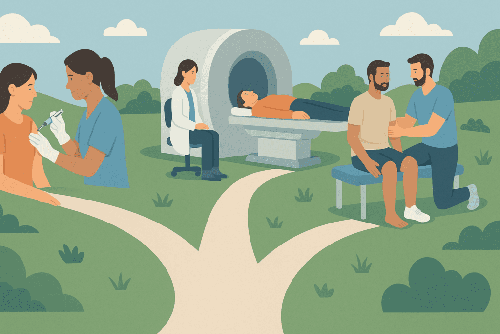 Three healthcare scenes illustrate the health benefits of preventive medicine, from vaccination to diagnostic scanning and physical therapy.