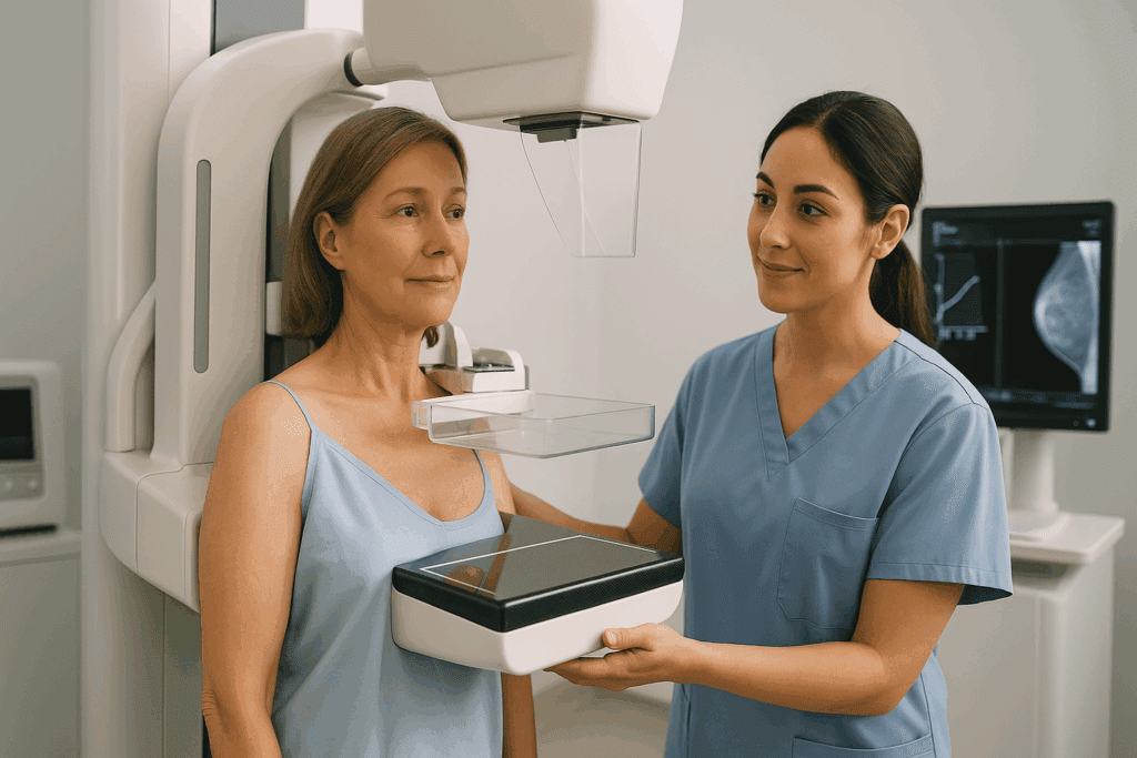 Woman receiving a mammogram with a caring healthcare provider nearby, illustrating the health benefits of preventive medicine