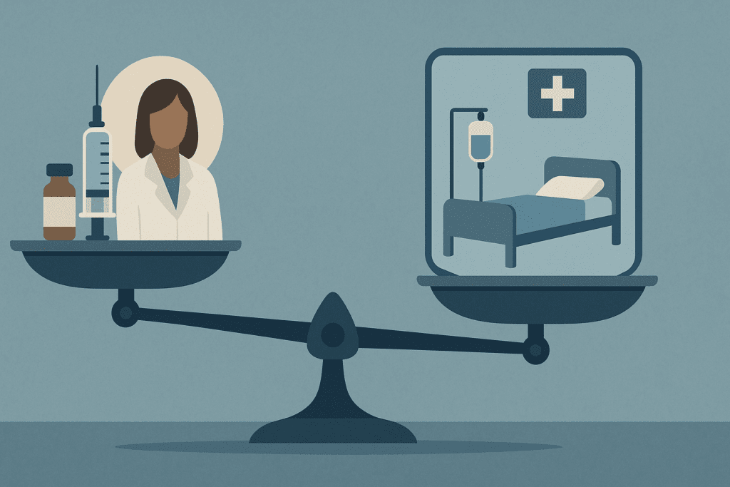 Balance scale comparing flu vaccine and doctor to costly hospital bed, symbolizing economic health benefits of preventive medicine.