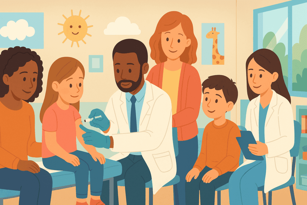 Children receiving vaccinations and wellness check-ups in a cheerful clinic with caring doctors and parents, showing the health benefits of preventive medicine.