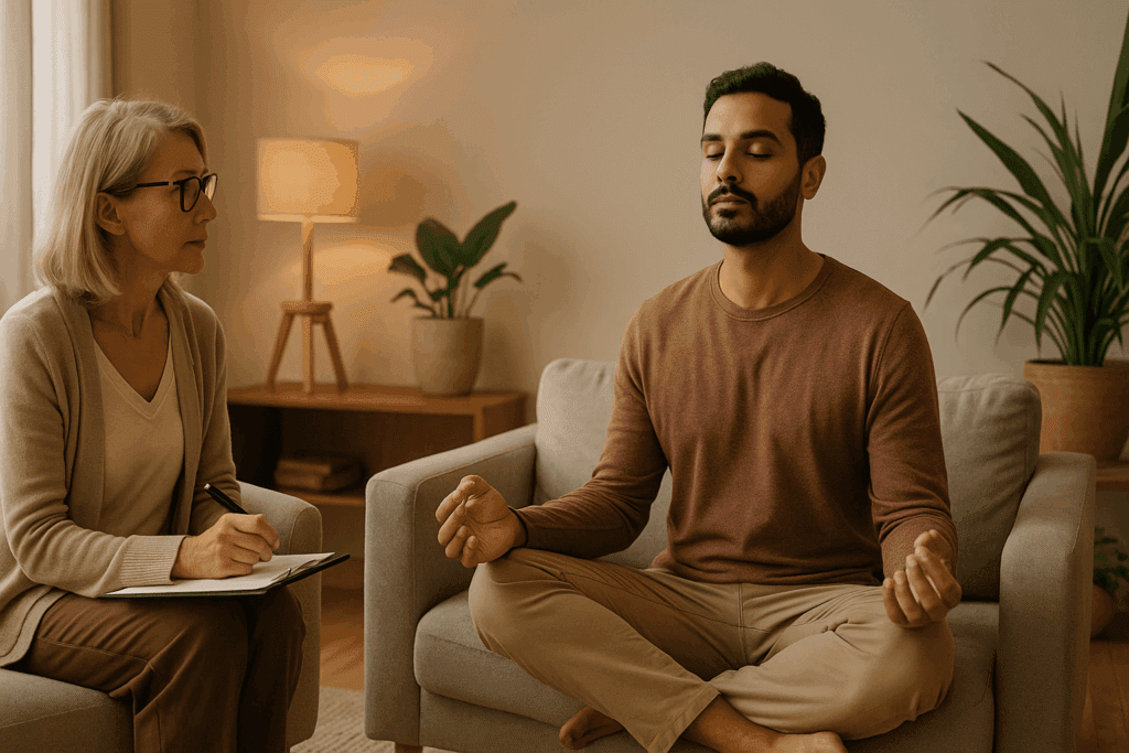Man meditating during a counseling session in a calm setting, illustrating the mental health benefits of preventive medicine.