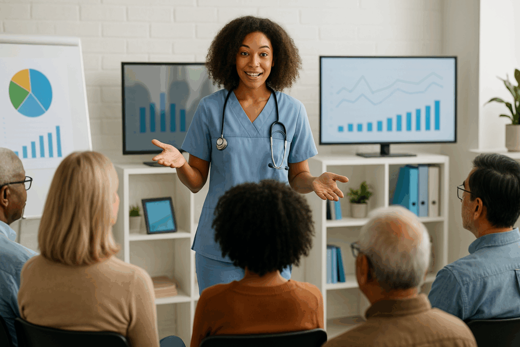 Healthcare educator presenting to a diverse adult audience in a classroom setting, highlighting the health benefits of preventive medicine through charts and digital tools.