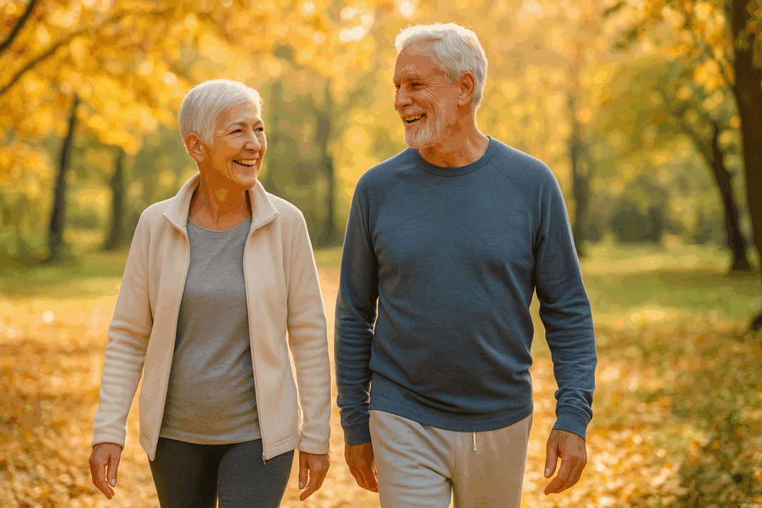 Smiling elderly couple walking in a sunlit autumn park after a morning health checkup for senior citizen wellness