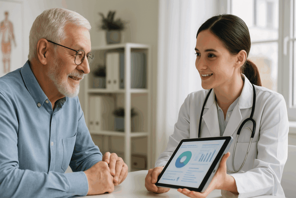 Senior man discussing digital wellness charts with female doctor during a health checkup for senior citizen in a bright medical office