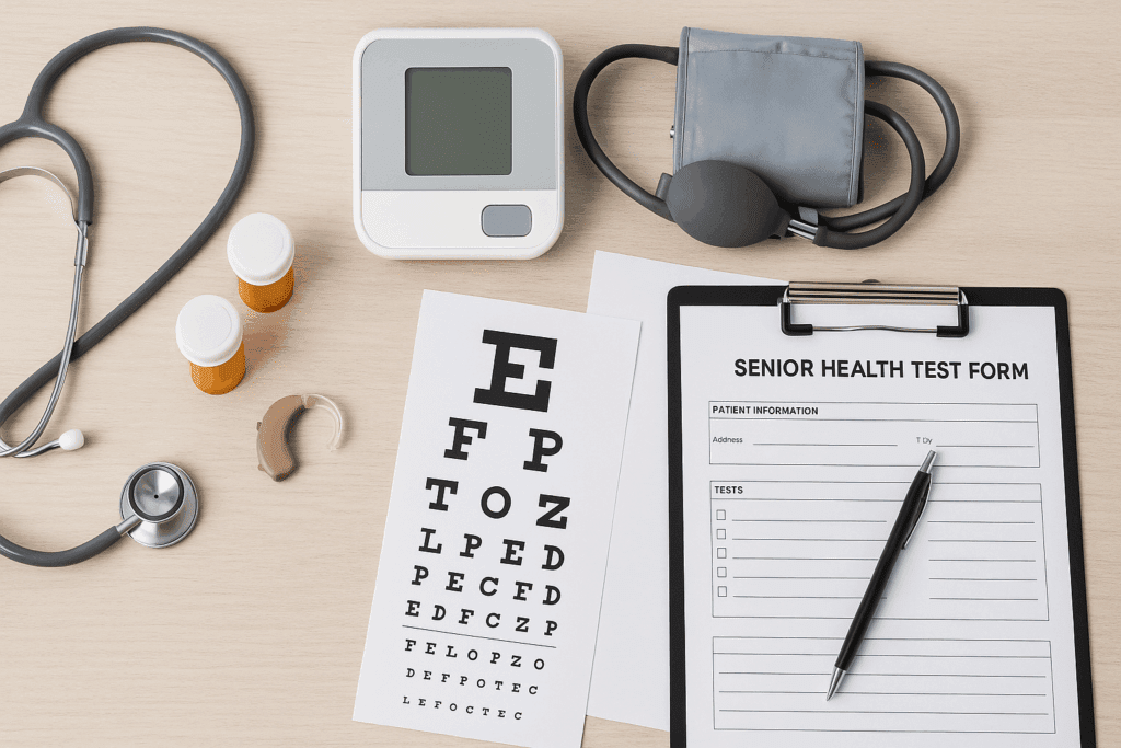 Clinical table setup for a comprehensive health checkup for senior citizen with stethoscope, blood pressure monitor, hearing aid, medications, eye chart, and test forms