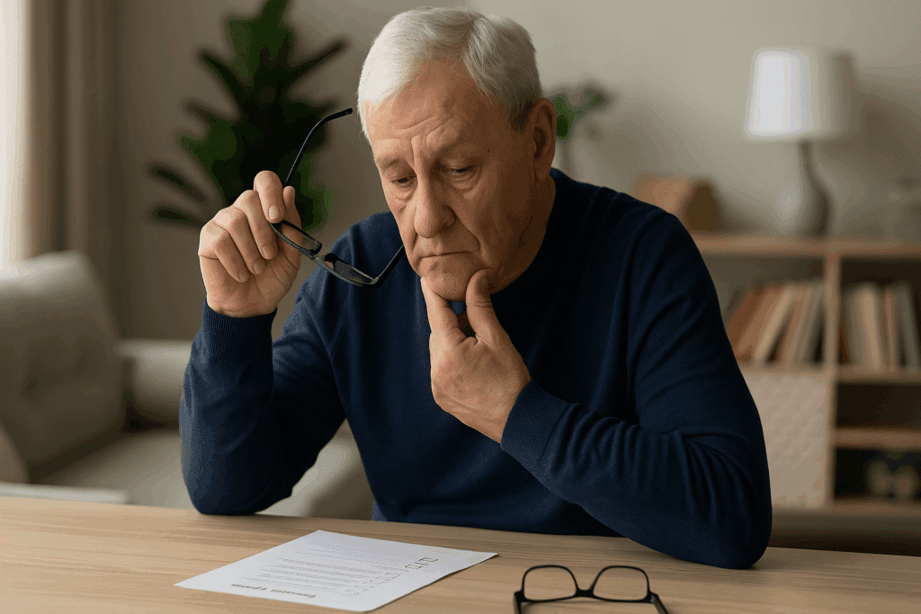 Thoughtful elderly man reviewing a medical checklist at home, preparing for a health checkup for senior citizen