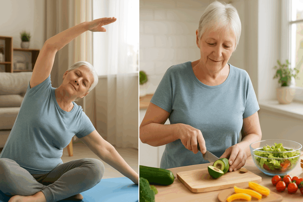 Older woman practicing yoga and preparing a healthy meal at home, promoting daily habits that support a health checkup for senior citizen.