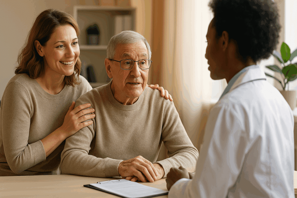 Caring daughter supporting her elderly father during a health checkup for senior citizen with a doctor in a warm medical office.