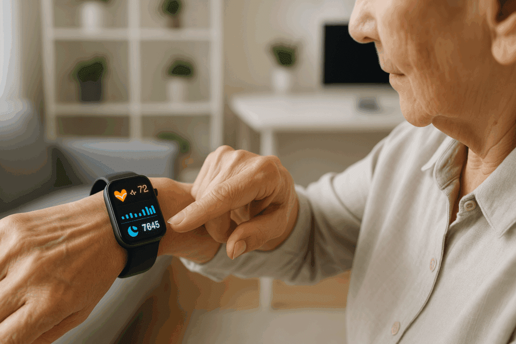 Senior woman checking heart rate and sleep data on smartwatch at home, symbolizing modern health checkup for senior citizen
