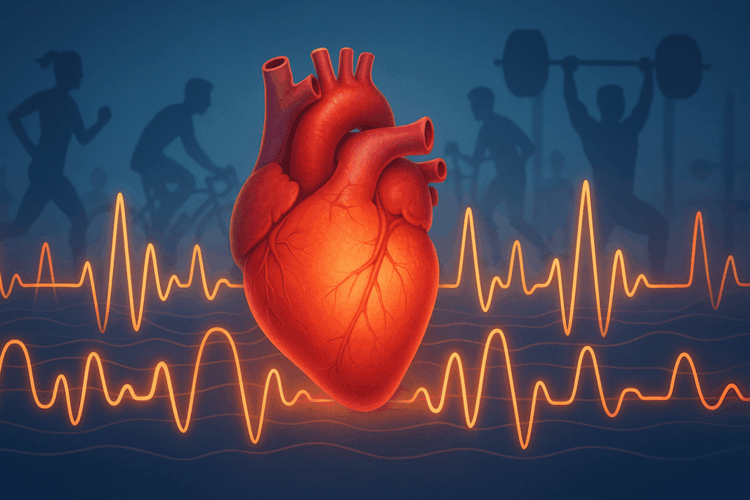 Human heart glowing with pulse lines, surrounded by silhouettes of people exercising, symbolizing low heart rate during exercise.