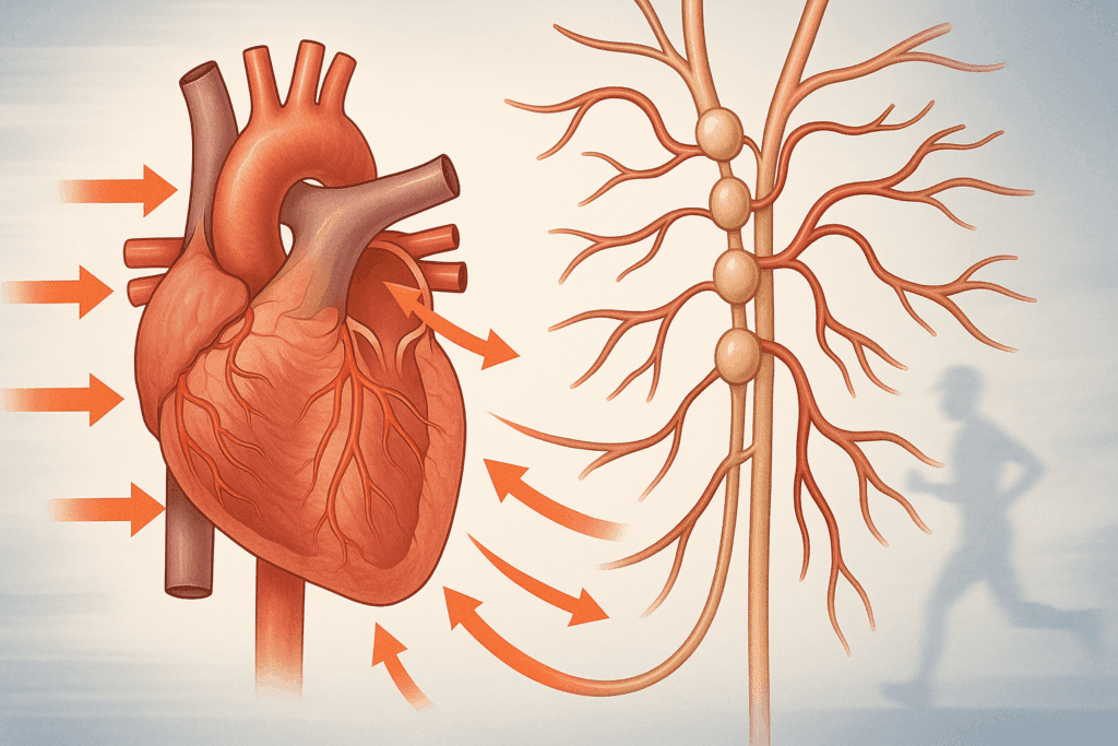 Medical illustration showing sympathetic nervous system stimulating the heart, explaining low heart rate during exercise
