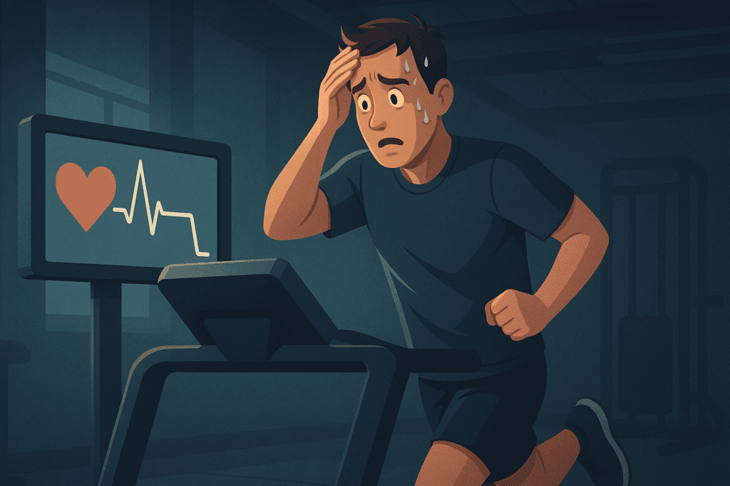 Anxious man on treadmill checking monitor showing sudden drop, illustrating low heart rate during exercise in gym setting