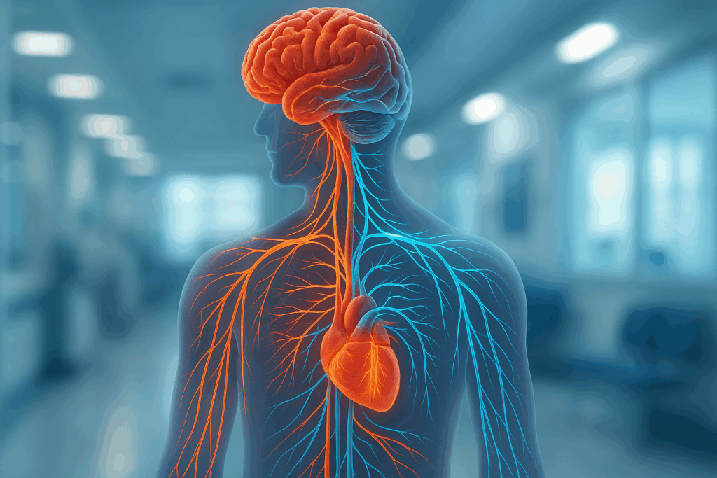 Diagram of the human nervous system showing brain-to-heart pathways, illustrating causes of low heart rate during exercise.